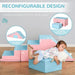 Pink and blue reconfigurable soft play equipment set with slide, table, chair, and toddler playing.