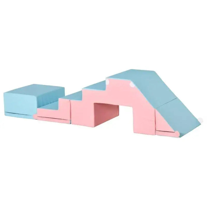 Pink and blue soft play equipment set with steps, slide, and tunnel for kids
