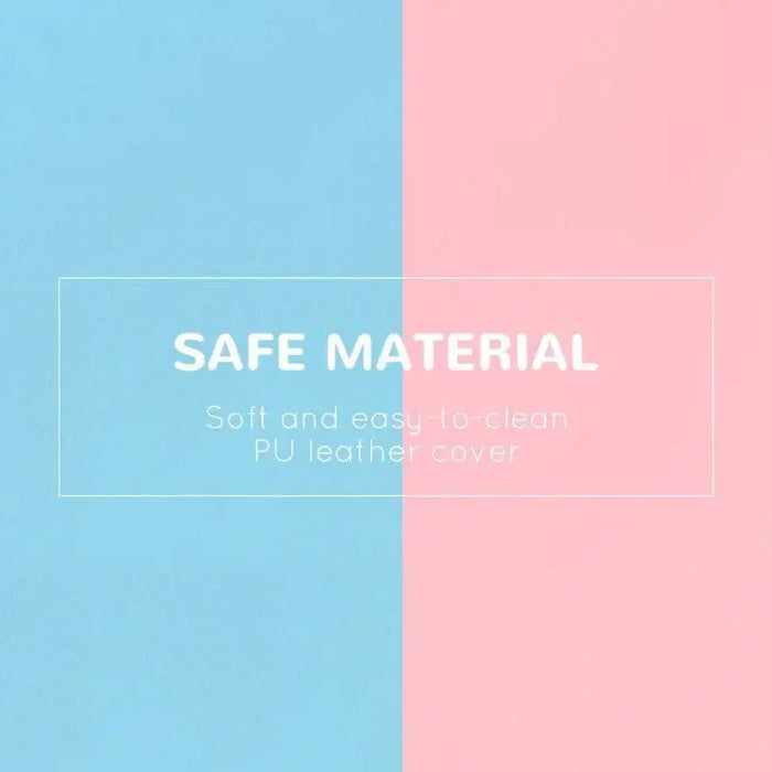 Blue and pink split background with text 'SAFE MATERIAL, soft and easy-to-clean PU leather cover'.