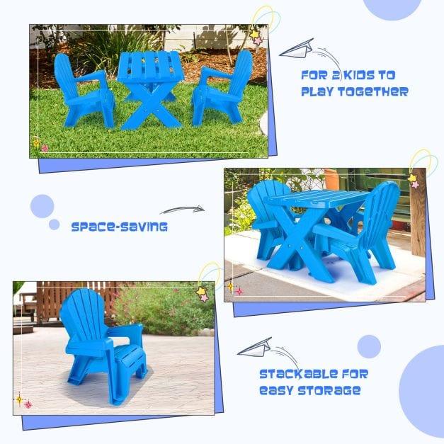 2 Plastic Kids Adirondack Chairs Set with Table in Blue - Little and Giant Explorers Costway