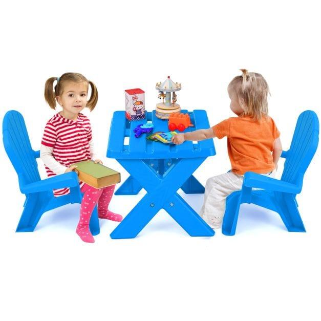 2 Plastic Kids Adirondack Chairs Set with Table in Blue - Little and Giant Explorers Costway