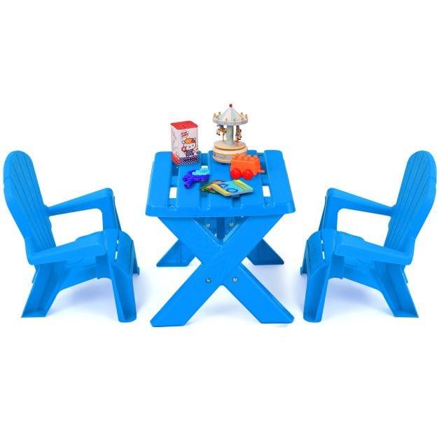 2 Plastic Kids Adirondack Chairs Set with Table in Blue - Little and Giant Explorers Costway