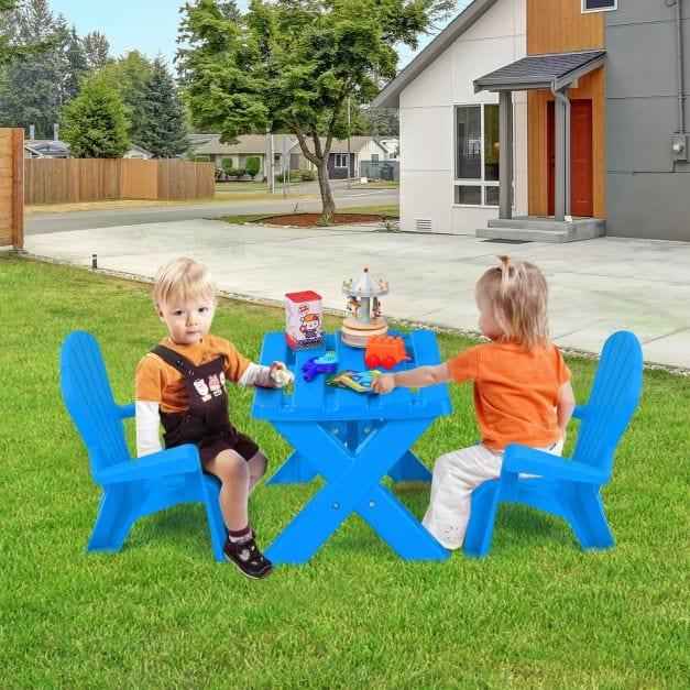 2 Plastic Kids Adirondack Chairs Set with Table in Blue - Little and Giant Explorers Costway