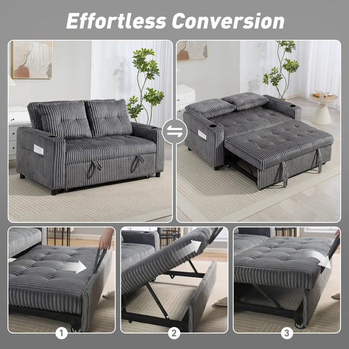 2-Seater Corduroy Sofa Bed – Charcoal Grey | Pull-Out Sleeper Loveseat HOMCOM - Little and Giant Explorers