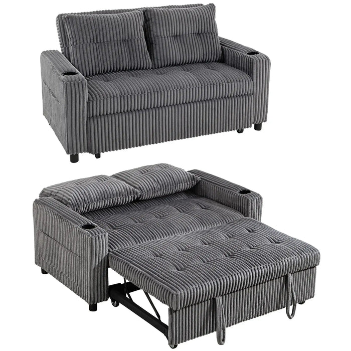 2-Seater Corduroy Sofa Bed – Charcoal Grey | Pull-Out Sleeper Loveseat HOMCOM - Little and Giant Explorers