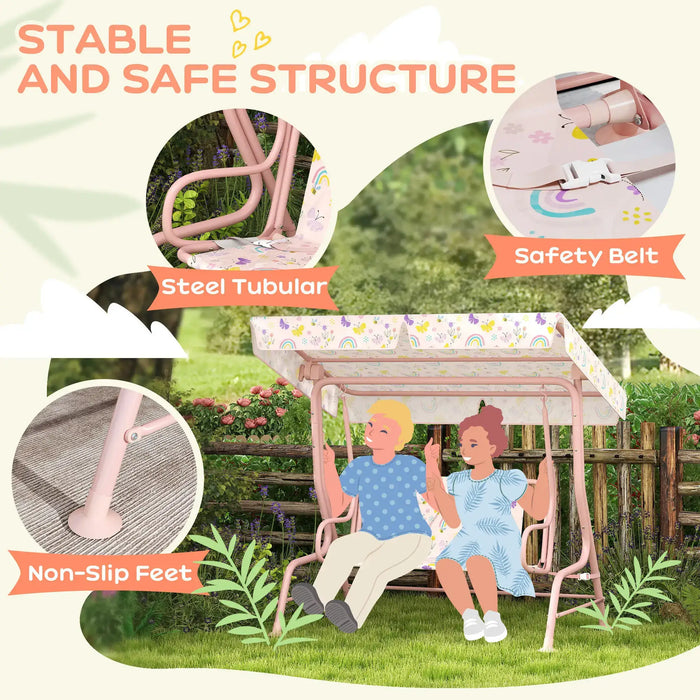 Kids 2 Seater Swing | Pink Steel with Rainbow Pattern and Adjustable Canopy - Little and Giant Explorers AIYAPLAY