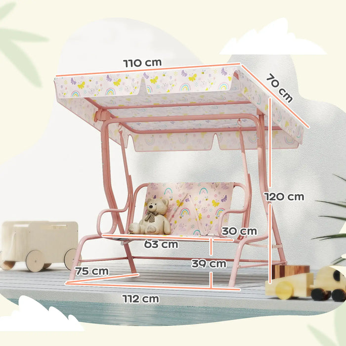 Kids 2 Seater Swing | Pink Steel with Rainbow Pattern and Adjustable Canopy - Little and Giant Explorers AIYAPLAY