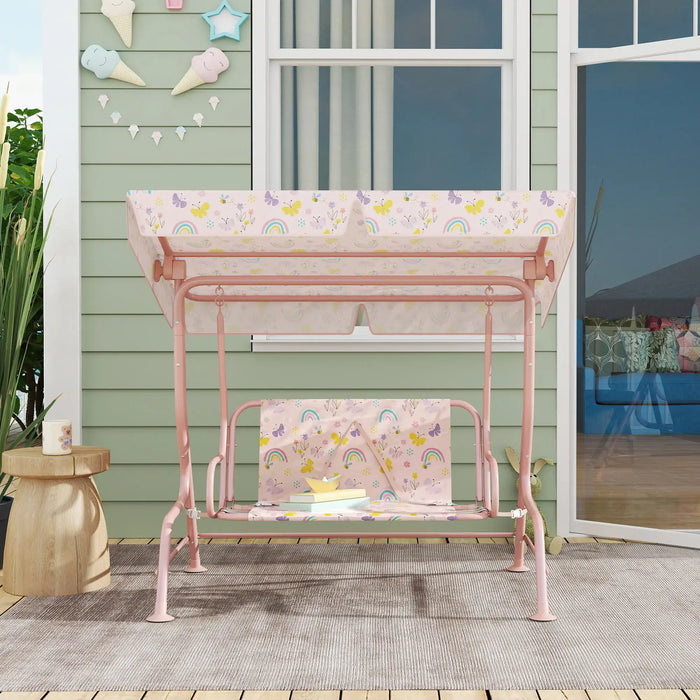 Kids 2 Seater Swing | Pink Steel with Rainbow Pattern and Adjustable Canopy - Little and Giant Explorers AIYAPLAY