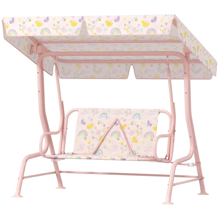 Kids 2 Seater Swing | Pink Steel with Rainbow Pattern and Adjustable Canopy - Little and Giant Explorers AIYAPLAY