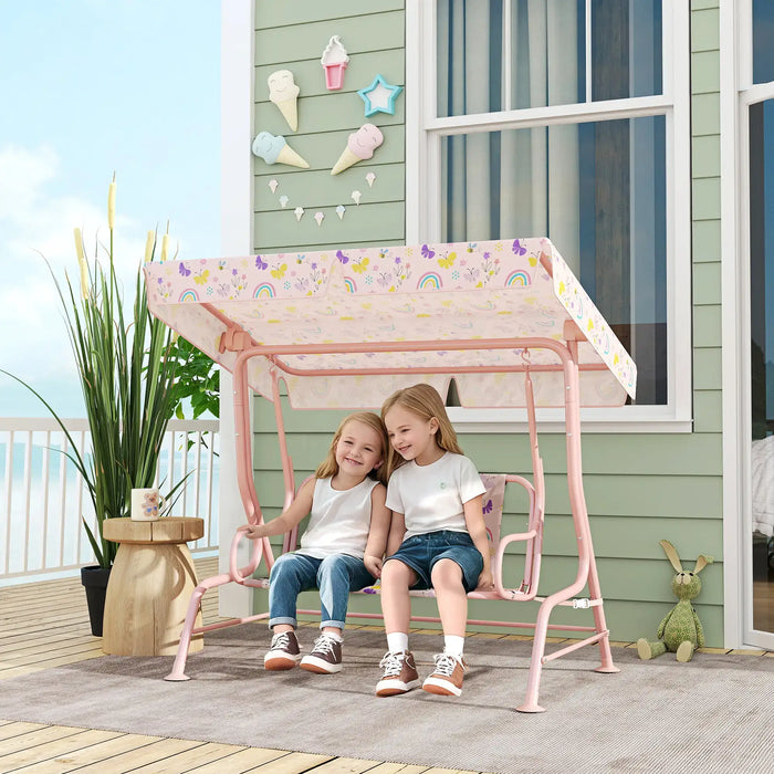Kids 2 Seater Swing | Pink Steel with Rainbow Pattern and Adjustable Canopy - Little and Giant Explorers AIYAPLAY