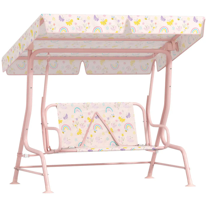 Kids 2 Seater Swing | Pink Steel with Rainbow Pattern and Adjustable Canopy - Little and Giant Explorers AIYAPLAY