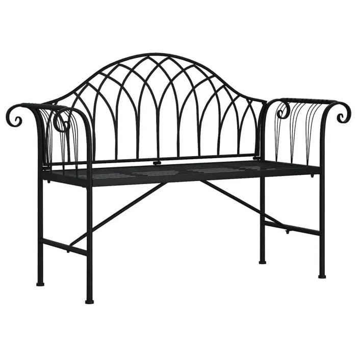 Black 2-seater metal garden bench with armrests and decorative steel backrest.