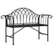 Black 2-seater metal garden bench with armrests and decorative steel backrest.
