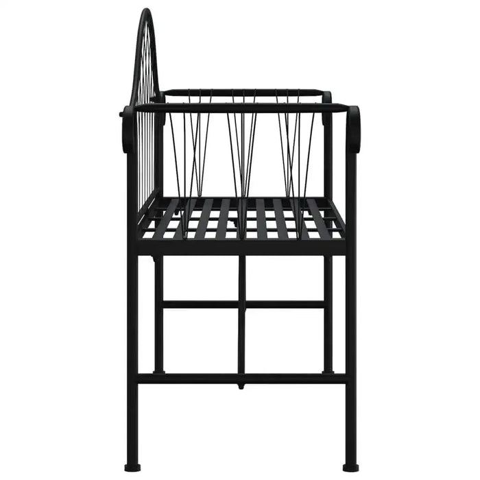 Side view of black steel 2-seater garden bench with armrests and slatted seat