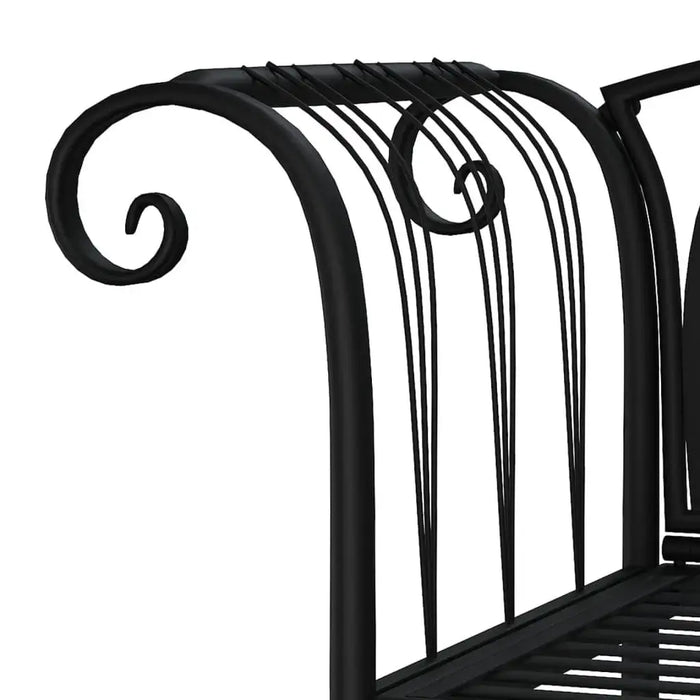 Black steel garden bench with decorative scroll armrest and vertical slat backrest