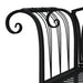 Black steel garden bench with decorative scroll armrest and vertical slat backrest