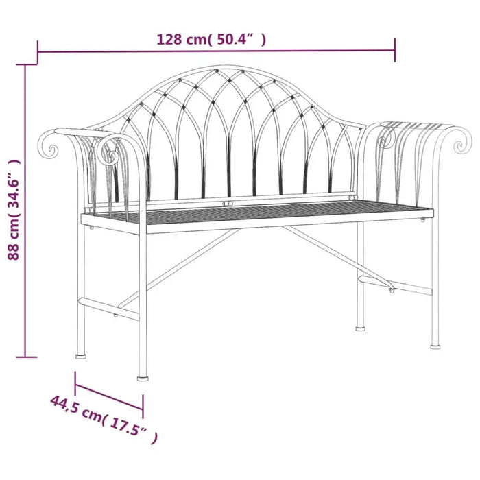 2-seater black metal garden bench with armrests, steel frame, 128cm wide, detailed dimensions