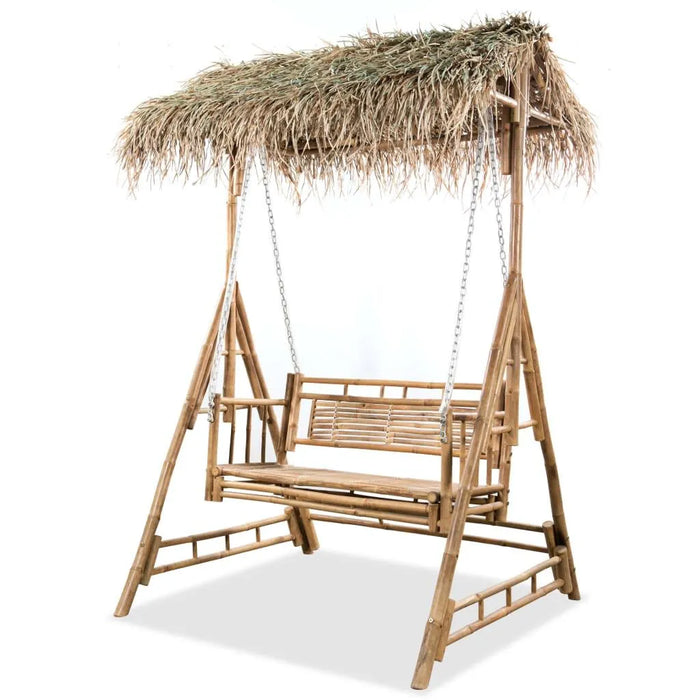 2-seater bamboo swing bench with palm leaf canopy and sturdy weather-resistant frame