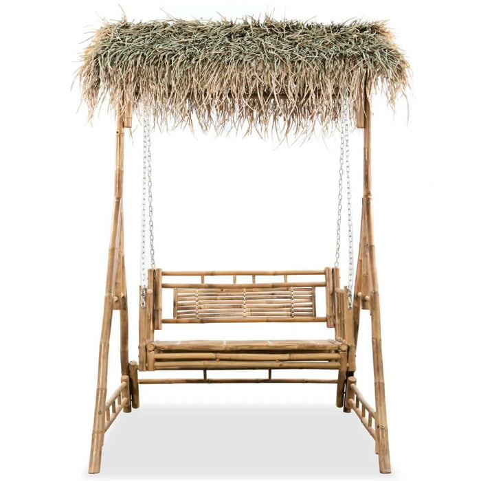 Bamboo 2-seater swing bench with palm leaf canopy and weather-resistant frame