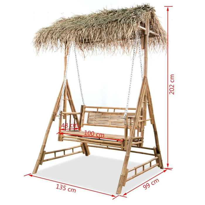 2-seater bamboo swing bench with palm leaf canopy and weather-resistant frame, product dimensions shown