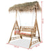2-seater bamboo swing bench with palm leaf canopy and weather-resistant frame, product dimensions shown