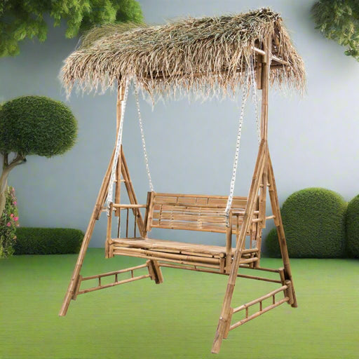 2-Seater Swing Bench with Palm Leaves in Bamboo - Little and Giant Explorers vidaXL