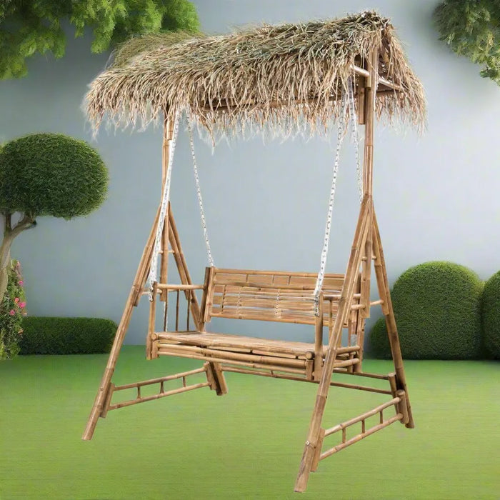 2-Seater Swing Bench with Palm Leaves in Bamboo - Little and Giant Explorers vidaXL