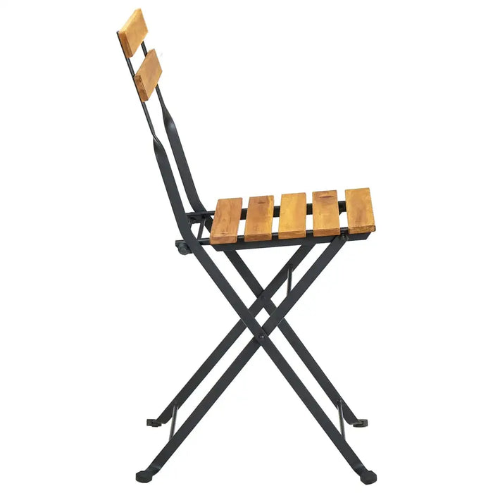 Steel folding garden chair with slatted acacia wood seat and backrest, side view