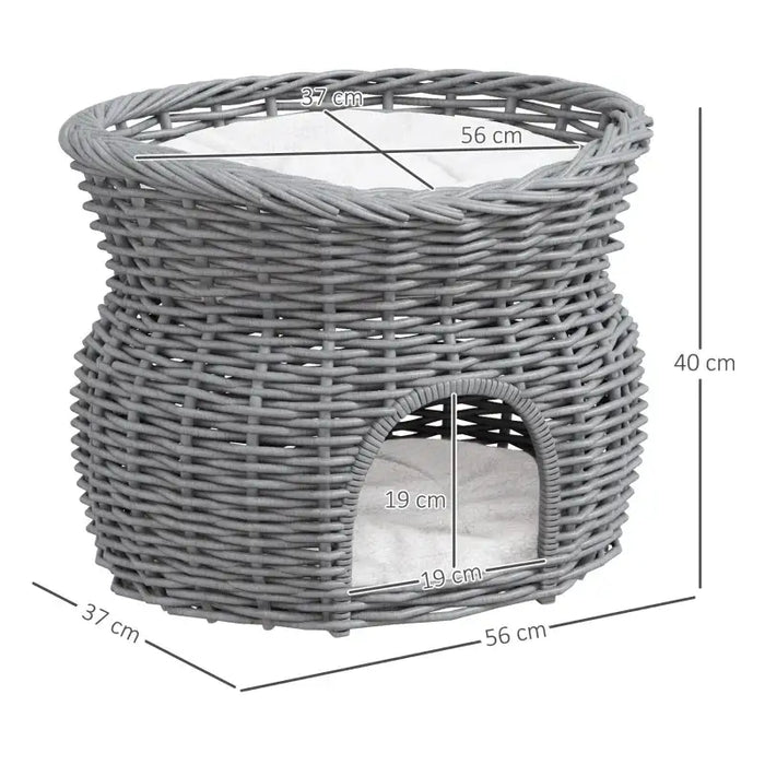 2-Tier Wicker Cat Bed – Hand-Woven Grey Rattan | Cat House with Cushions PAWHUT - Little and Giant Explorers PawHut