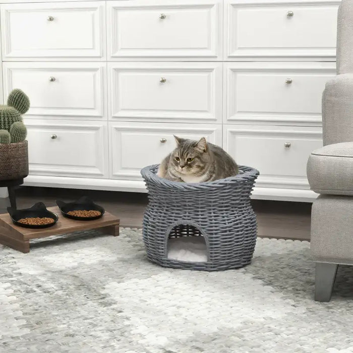 2-Tier Wicker Cat Bed – Hand-Woven Grey Rattan | Cat House with Cushions PAWHUT - Little and Giant Explorers PawHut