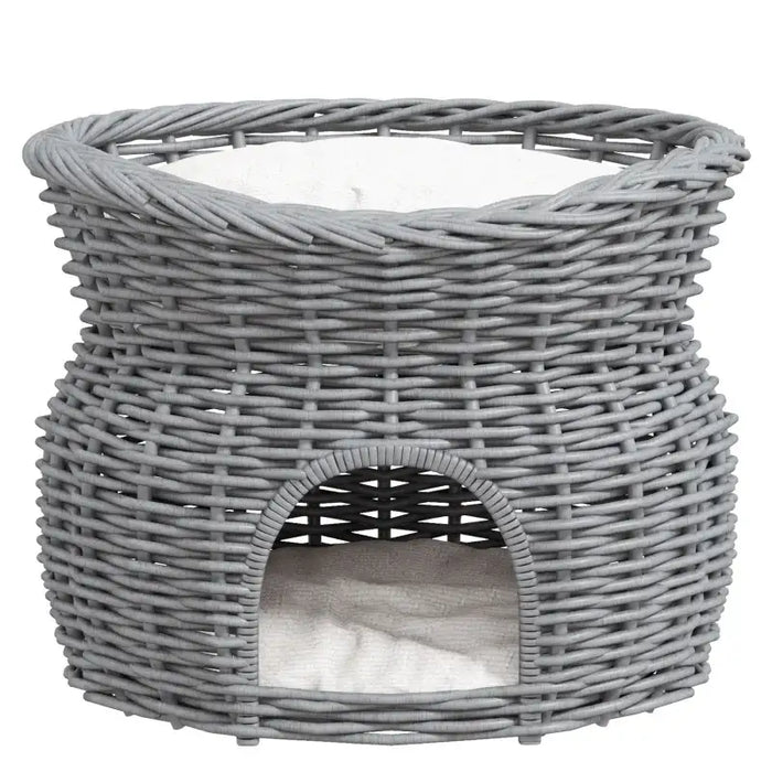 2-Tier Wicker Cat Bed – Hand-Woven Grey Rattan | Cat House with Cushions PAWHUT - Little and Giant Explorers PawHut