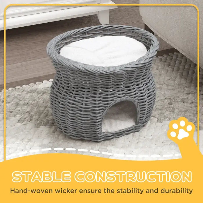 2-Tier Wicker Cat Bed – Hand-Woven Grey Rattan | Cat House with Cushions PAWHUT - Little and Giant Explorers PawHut