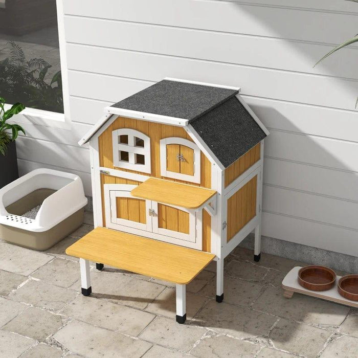 2-Tiered Outdoor Cat Shelter with Openable Asphalt Roof, Escape Doors and Terrace (1-2 Cats) - Little and Giant Explorers PawHut