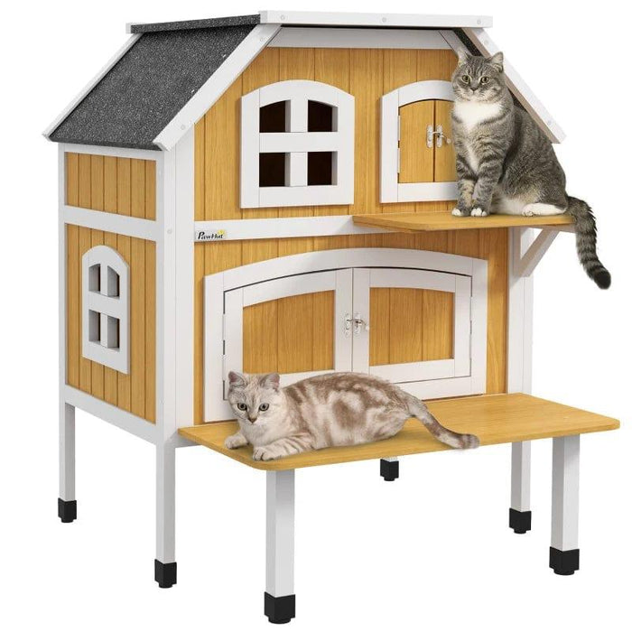 2-Tiered Outdoor Cat Shelter with Openable Asphalt Roof, Escape Doors and Terrace (1-2 Cats) - Little and Giant Explorers PawHut