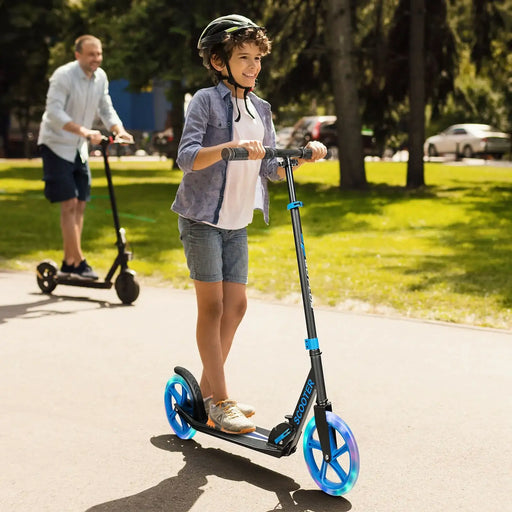 2-Wheel Adjustable Kick Scooter – Black with Blue | LED Wheels - Foldable Design COSTWAY - Little and Giant Explorers Costway