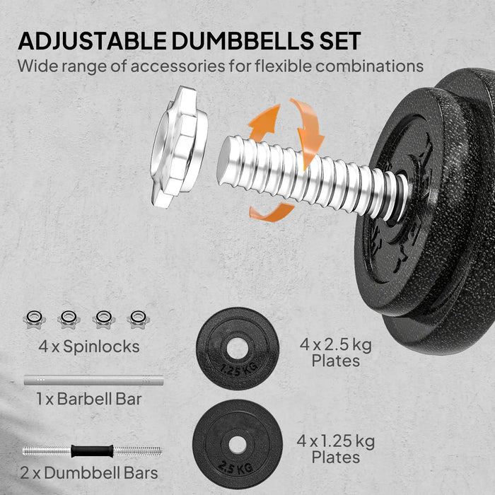 20kg Adjustable Dumbbell and Barbell Set | 2-in-1 Steel Weight Training Kit with Spinlocks SPORTNOW - Little and Giant Explorers SPORTNOW