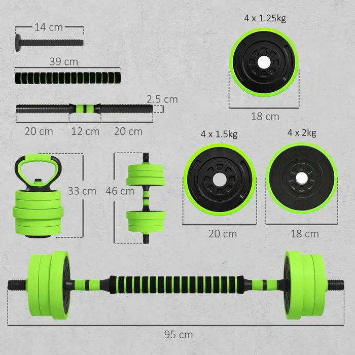 20kg Four-in-One Weights Set – Green | Dumbbells, Barbells, Kettlebells and Push-Up Stands SPORTNOW - Little and Giant Explorers SPORTNOW
