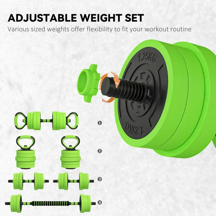 20kg Four-in-One Weights Set – Green | Dumbbells, Barbells, Kettlebells and Push-Up Stands SPORTNOW - Little and Giant Explorers SPORTNOW