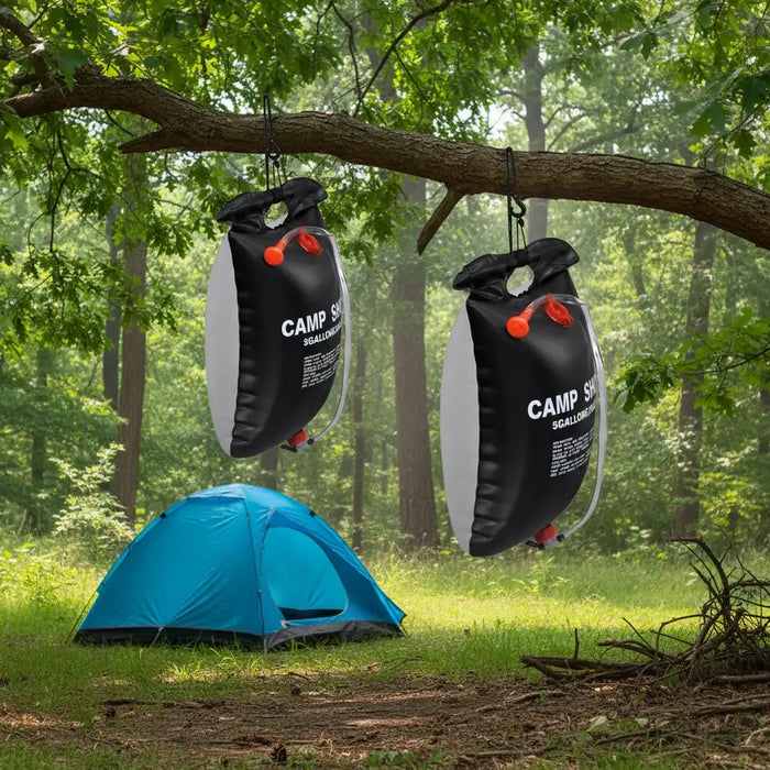 Two 20L solar camp shower bags hanging from a tree branch near a blue tent in a forest.