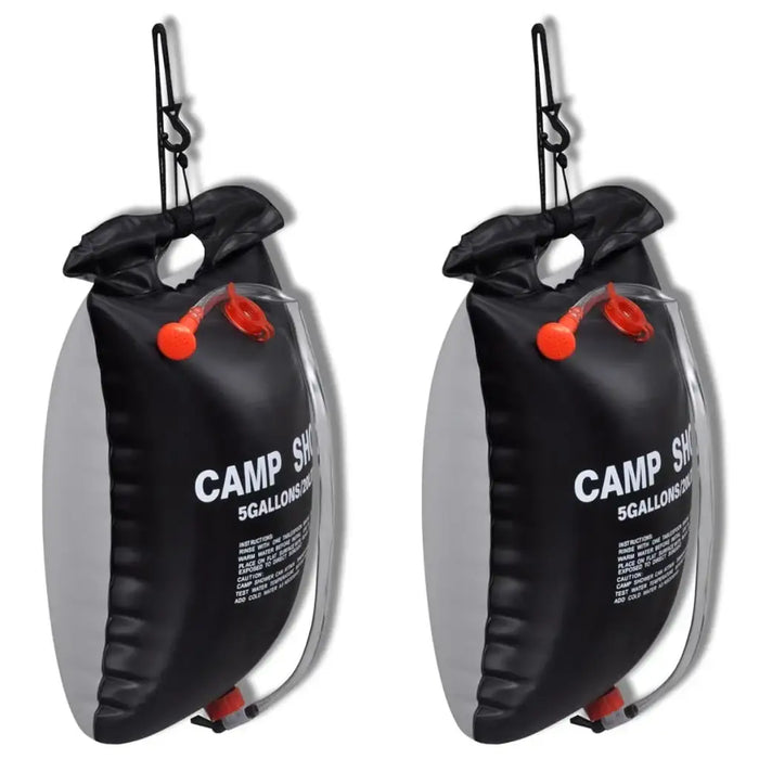 Set of two black 20L solar camp shower bags with hose and hanging hook