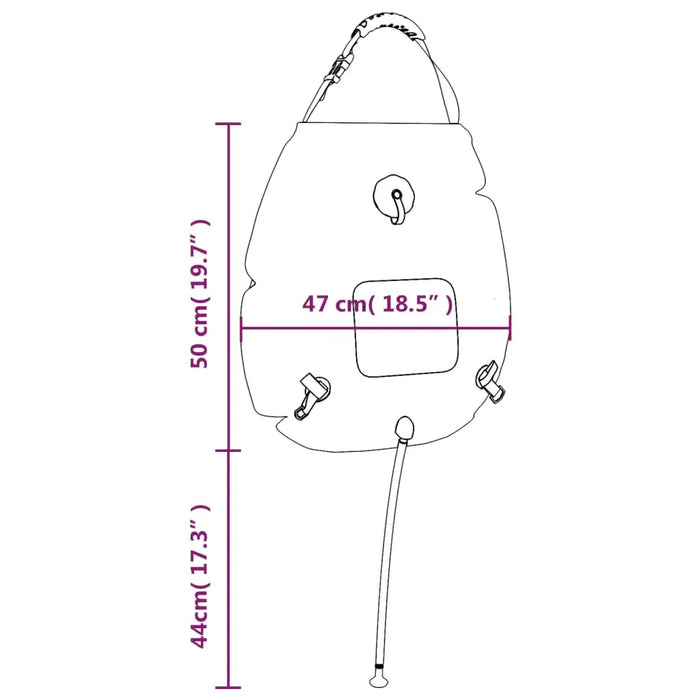 Diagram of 20L solar camping shower bag with hose, dimensions 47x50x44 cm visible
