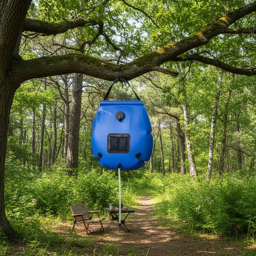 Blue solar camping shower bag hanging from tree in forest with outdoor chairs and table