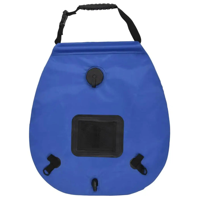 Blue 20L solar camping shower bag with black handle and hose attachments
