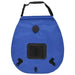 Blue 20L solar camping shower bag with black handle and hose attachments