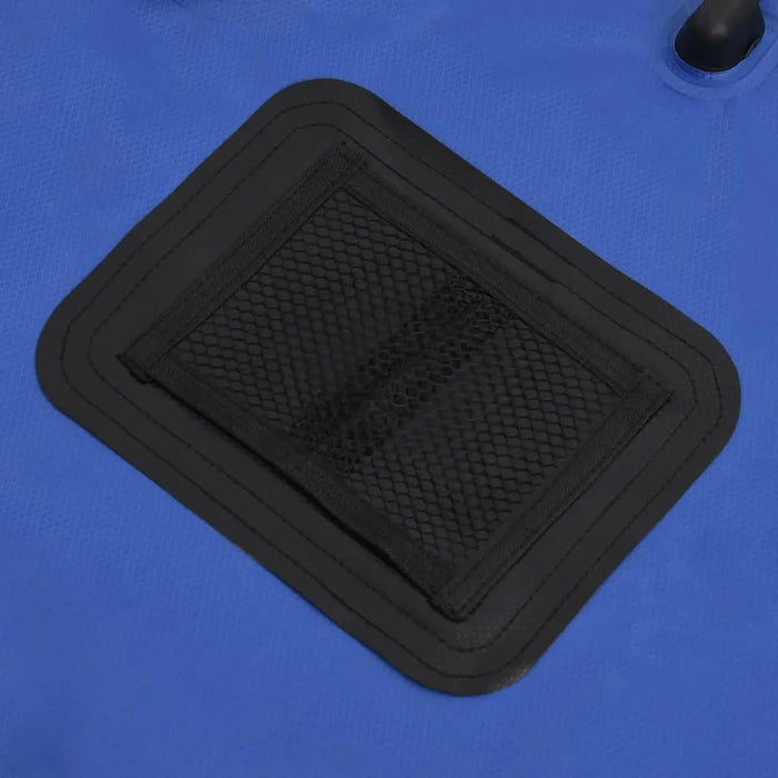 Close-up of black mesh pocket on blue 20L solar camping shower bag