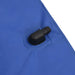 Close-up of blue 20L solar camping shower bag with black nozzle fitting