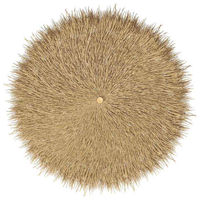 Round hand-woven straw parasol roof with dense bamboo thatch, tropical garden style