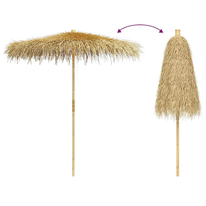 Tropical banana leaf garden parasol with bamboo pole, open and closed views, on white background