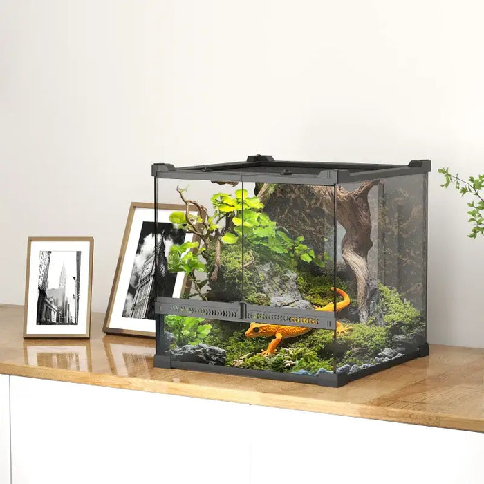 24L Glass Reptile Terrarium – 30cm Cube Enclosure | Natural Rock Background PAWHUT - Little and Giant Explorers PawHut