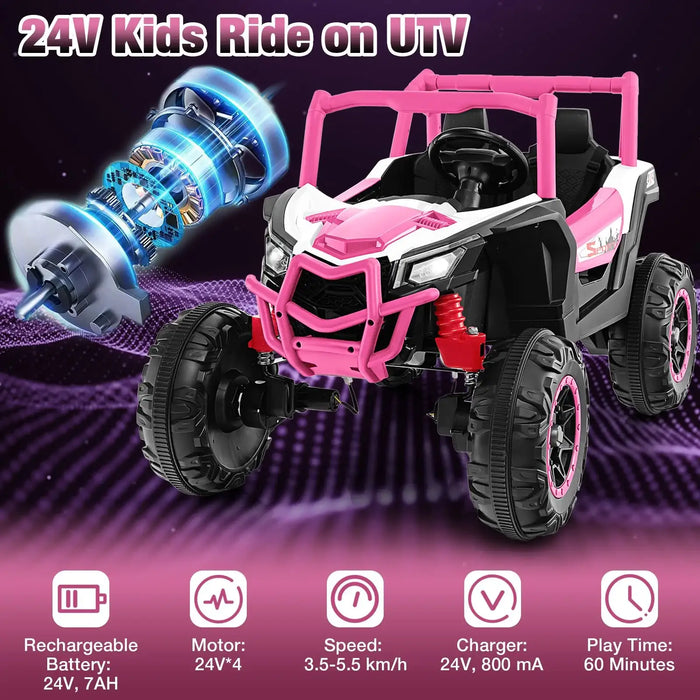 24V 2-Seater Kids Ride-On UTV – Pink | 4WD/2WD Switch - 4 × 100W Motors COSTWAY - Little and Giant Explorers Costway